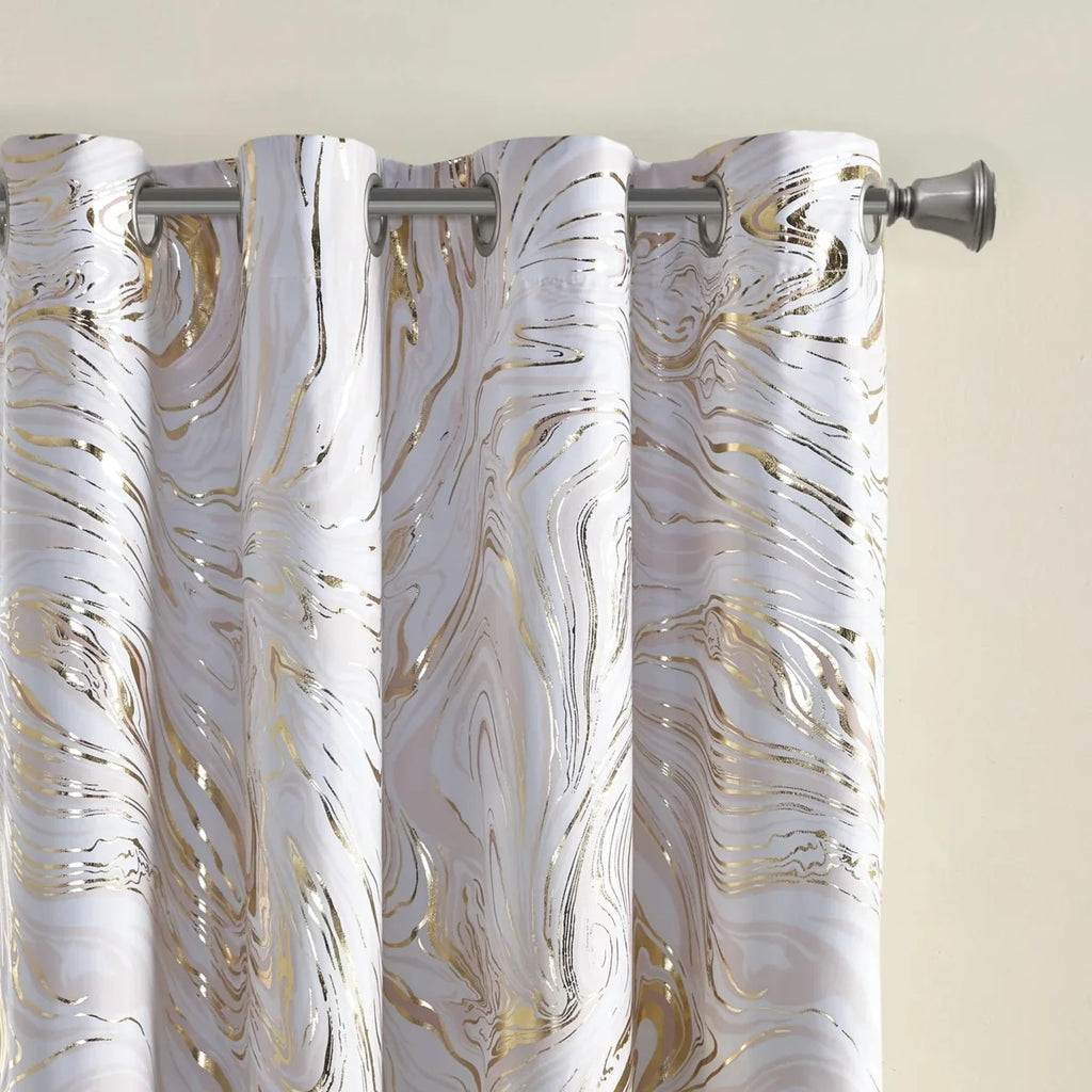 Rebecca Grommet Top Printed Marble Metallic Total Blackout Curtain -1982 By Olliix
