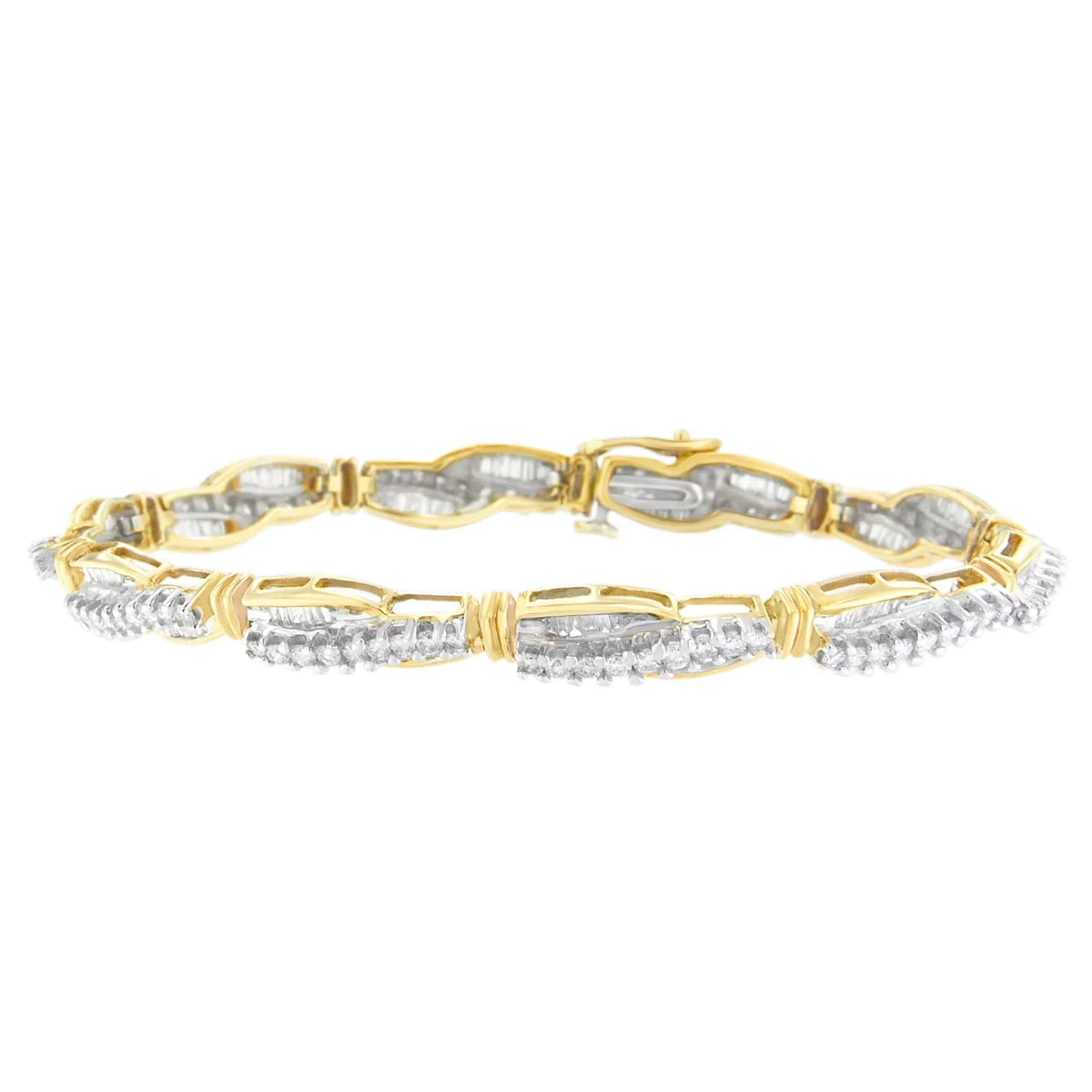 14K Yellow Gold 3  Round and Baguette Cut Winding Love Diamond Bracelet (-,-)