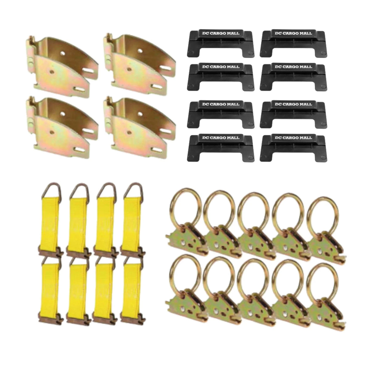 """'-Track TieDown Kit: 4 Wood Beam Sockets, 10  Rings, 8 End Caps, 8 Rope TieOffs. Ideal TieDown Accessories Bundle for Trucks, Warehouses, Docks, Trailers, Boats. -track  included."""