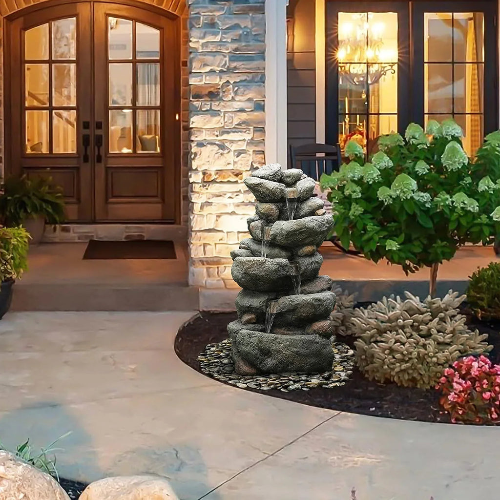 Resin Cascading Rock Outdoor Fountain, Floor Stacked Waterfall Fountain 4 Layer Garden Decorative Fountain For Backyard Courtyard