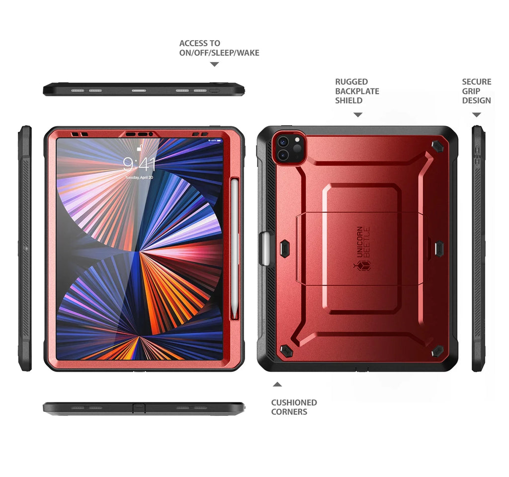 Unicorn Beetle Pro Series Case for iPad Pro 12.9 Inch (2021 / 2020), Support Apple Pencil Charging with Built-in Screen Protector Full-Body Rugged Kickstand Protective Case (Ruddy)