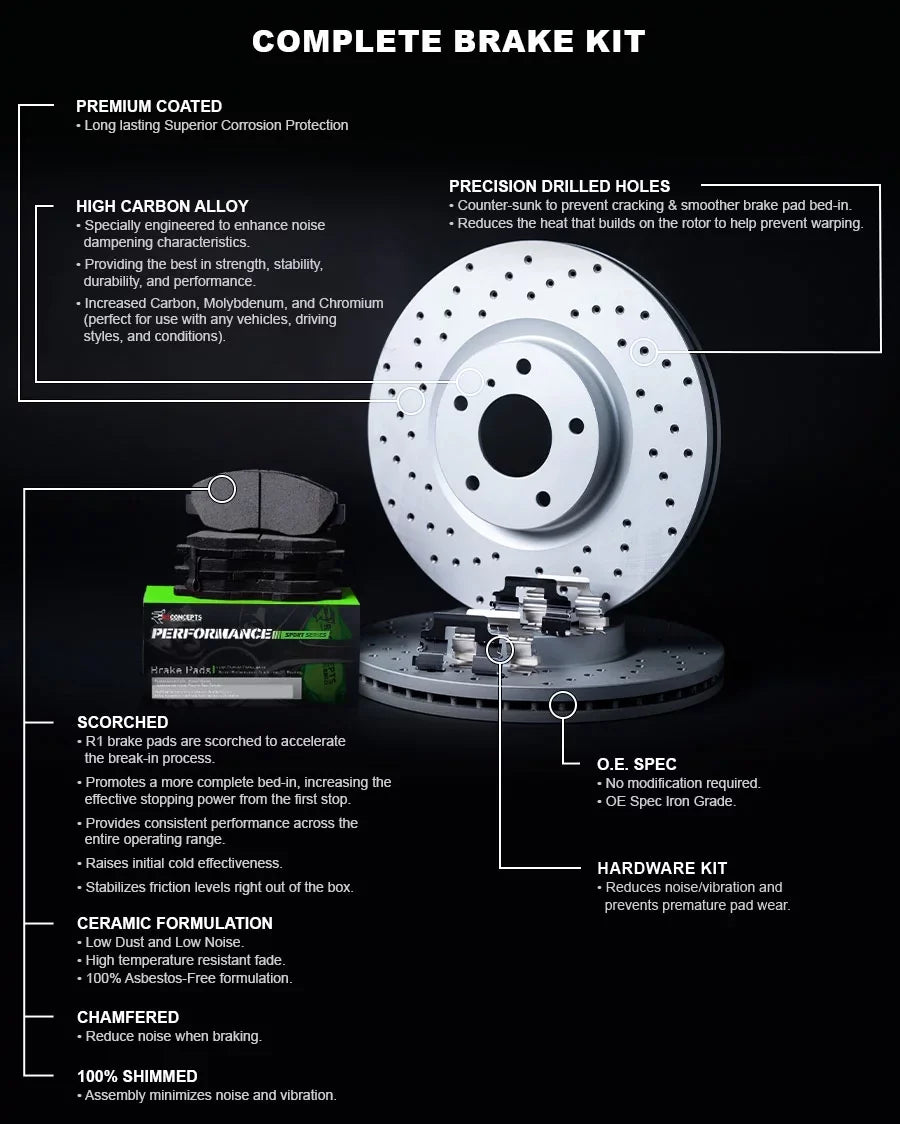 Concepts Rear Brakes and Rotors Kit |Rear Brake Pads| Brake Rotors and Pads| Performance Sport Brake Pads and Rotors| Hardware Kit|fits 2008-2017 Audi ,  allroad,  Quattro, ,  Quattro,