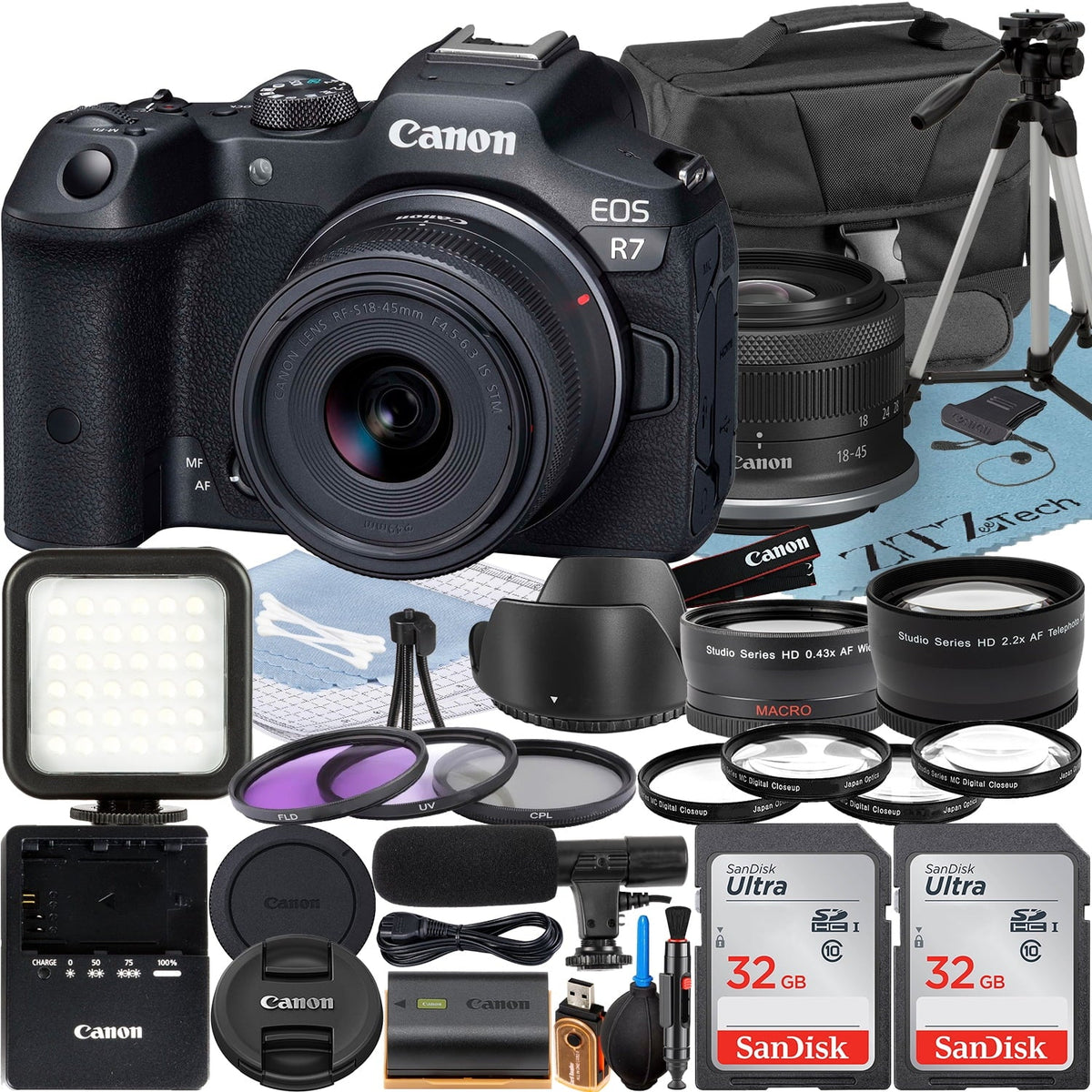 Canon   Mirrorless Camera with - 18-45mm Lens + Mount Adapter + 2 Pack SanDisk 32GB Memory Card + Case + ZeeTech Accessory