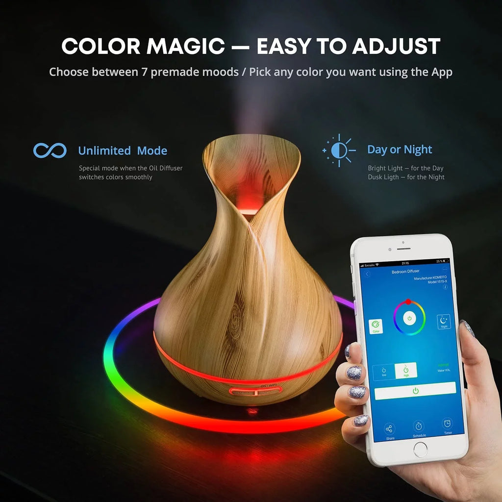 Sierra Modern Home Smart WiFi Aromatherapy Diffuser and Humidifier for Essential Oils, Light Wood 400 ml