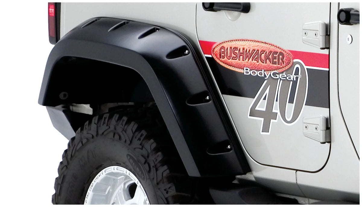Bushwacker by RealTruck Max Coverage Pocket/Rivet Style Rear Fender Flares | 2-Piece Set, Black, Textured Finish | 10044-02 | Compatible with 2007-2018 Jeep Wrangler  Unlimited