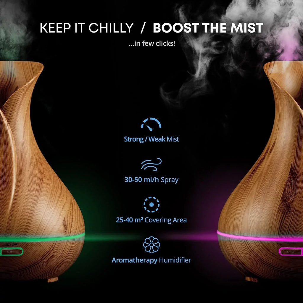 Sierra Modern Home Smart WiFi Aromatherapy Diffuser and Humidifier for Essential Oils, Light Wood 400 ml