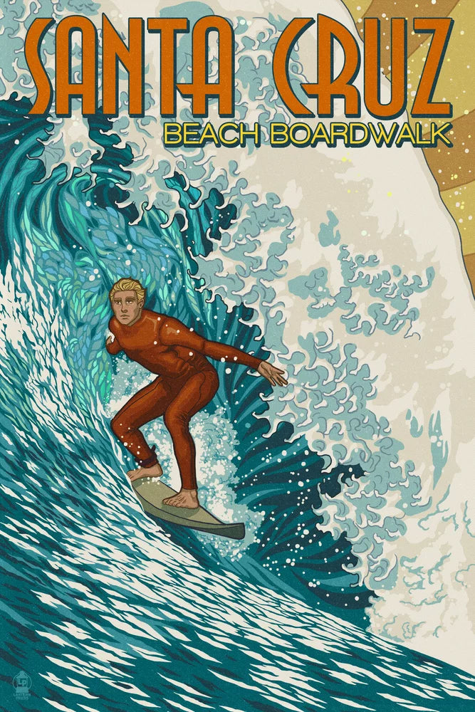Santa Cruz, California, Stylized Surfer (19x27 inches, Premium 500 Piece Jigsaw Puzzle for Adults and Family, Made in )