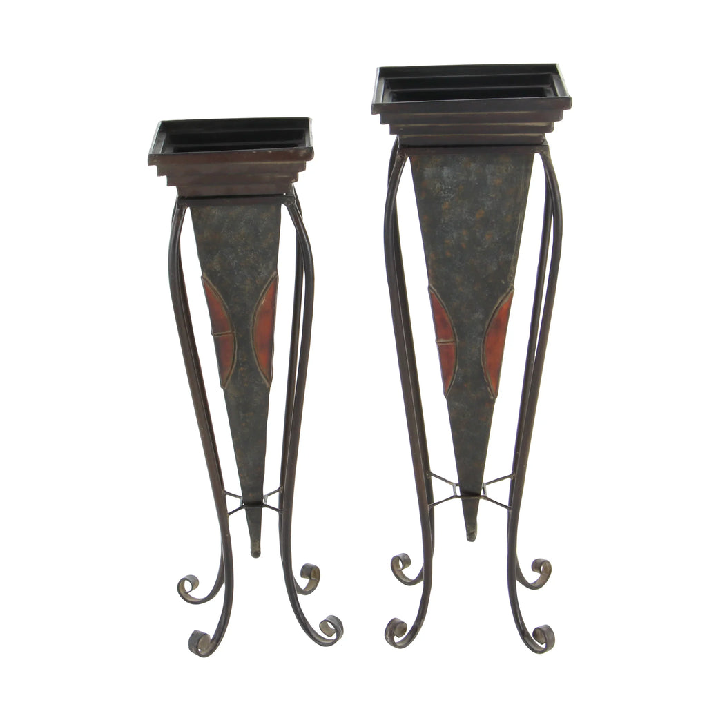 DecMode 30", 28" Indoor Outdoor Brown Metal Planter with Scroll Stand (2 Count)