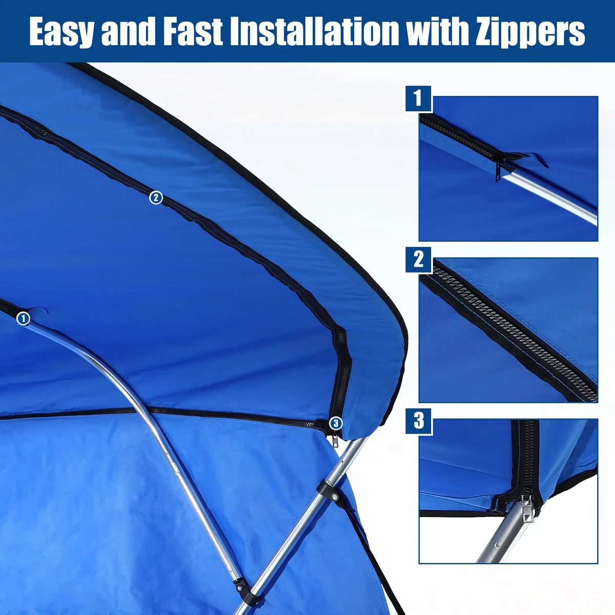 Unique Bargains 600D 4 Bow 8' x 54" x 79"-84" Bimini Top Canvas Cover with Detachable Side Blocks Storage Boot Blue