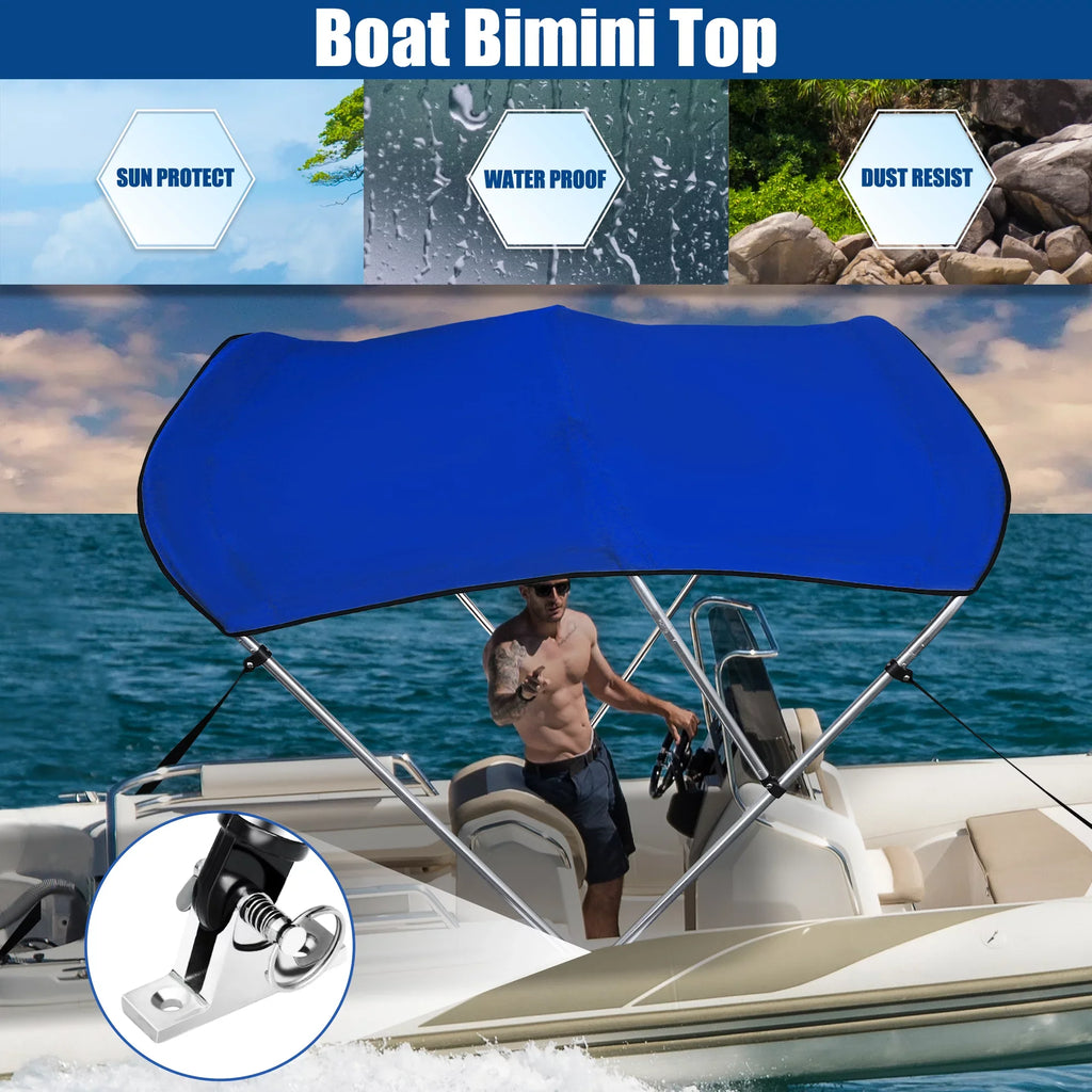 Unique Bargains 600D 3 Bow 6" x 46"Hx61"-66" Bimini Top Stainless Steel Deck Hinges Blue