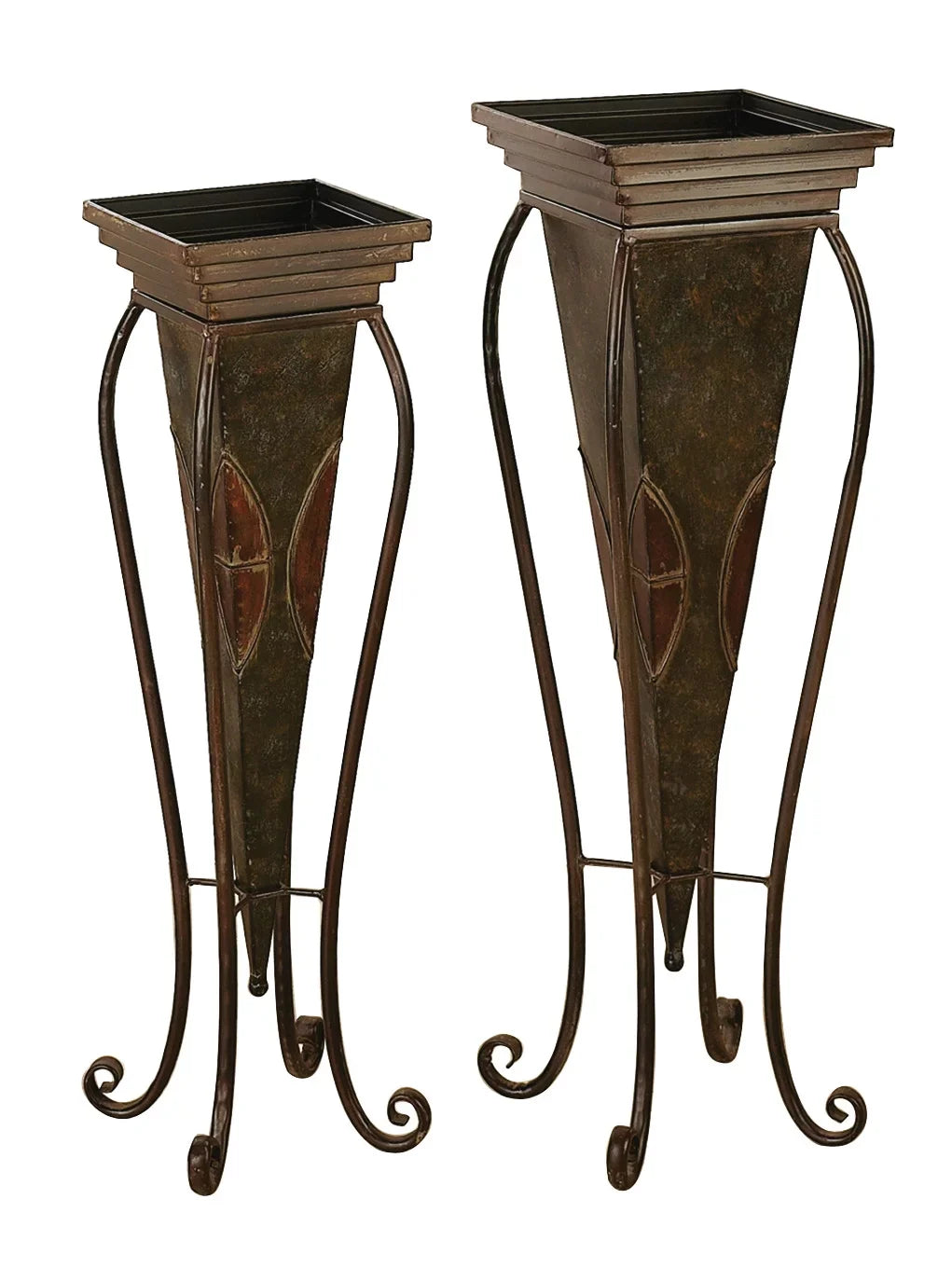 DecMode 30", 28" Indoor Outdoor Brown Metal Planter with Scroll Stand (2 Count)