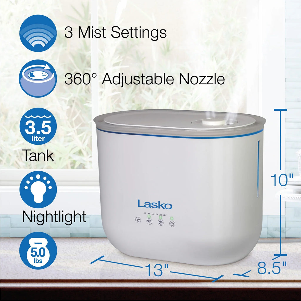 Lasko 0.92 Gallon, 18-Hour Cool Mist Ultrasonic Humidifier with Timer, 370 Sq. ft.,