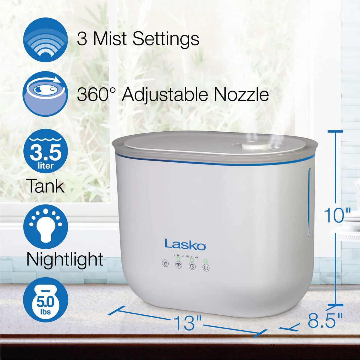 Lasko 0.92 Gallon, 18-Hour Cool Mist Ultrasonic Humidifier with Timer, 370 Sq. ft.,