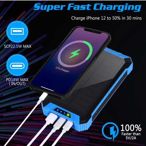 Solar Power Bank 20000mAh Built-in 4 Cables Qi Wireless Charger For Ulefone Armor Mini 2 with  Flashlight Solar Portable External Battery  Waterproof 15W 5V/3A   Port 6 Outputs 3 Inputs