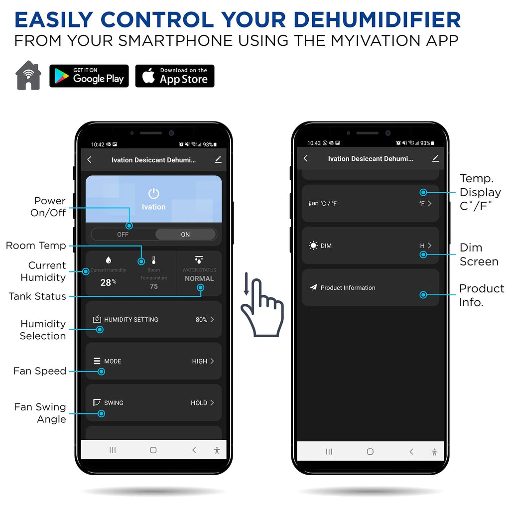 Ivation 19 Pint, 410 Sq/Ft, Wifi Dehumidifier / Drain Hose & Smartphone Control