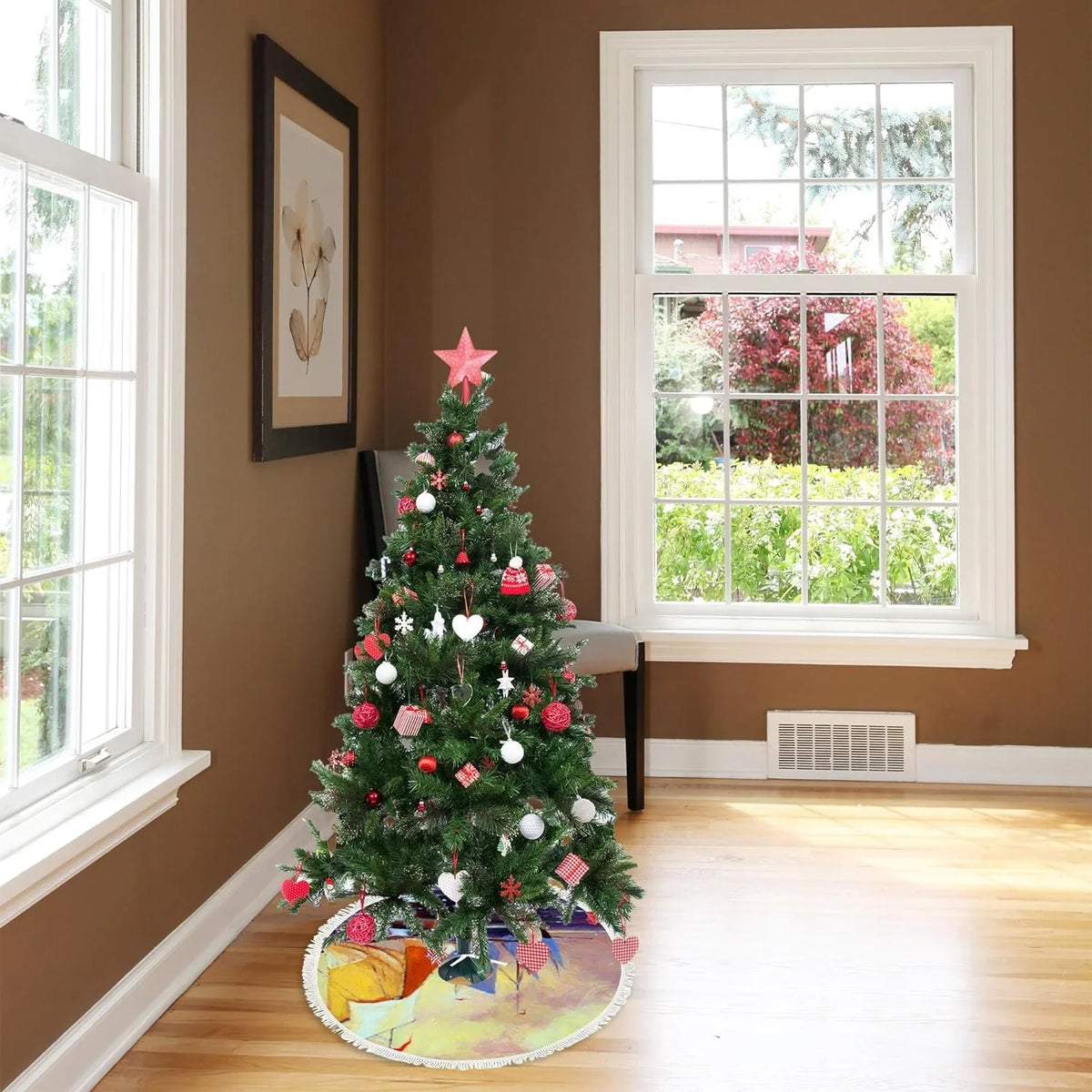 Wellsay Christmas Tree Skirt Fishing Boats Sea Landscape with Tassel 30 inch, Xmas Tree Decorations Farmhouse for All Season Holidays Wedding Party Slim Tree Mat Decor Ornaments