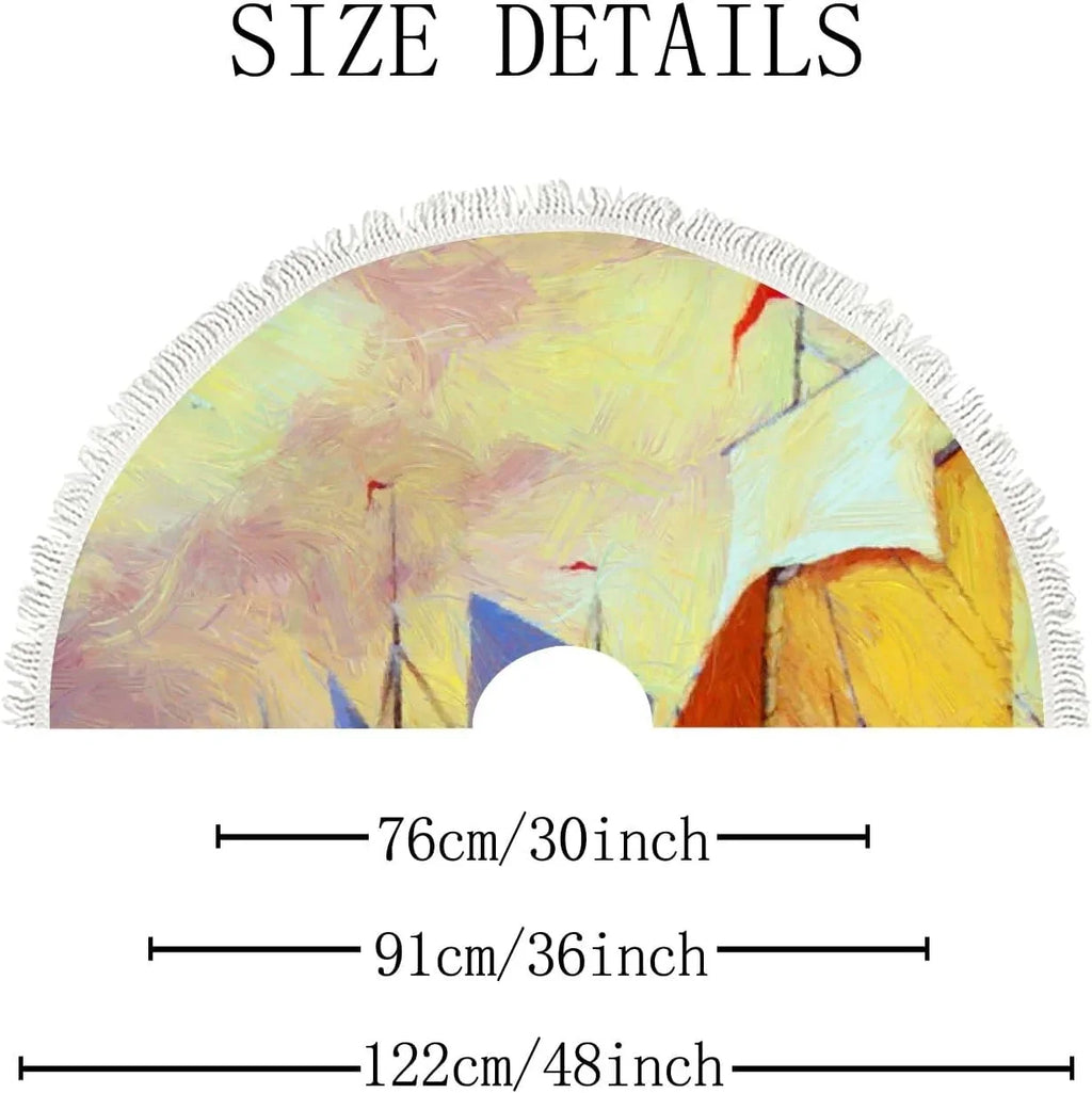 Wellsay Christmas Tree Skirt Fishing Boats Sea Landscape with Tassel 30 inch, Xmas Tree Decorations Farmhouse for All Season Holidays Wedding Party Slim Tree Mat Decor Ornaments