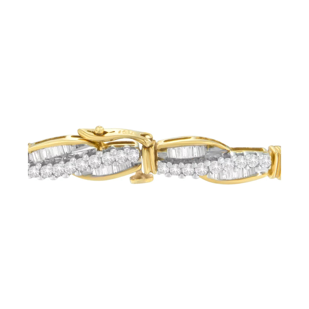 14K Yellow Gold 3  Round and Baguette Cut Winding Love Diamond Bracelet (-,-)