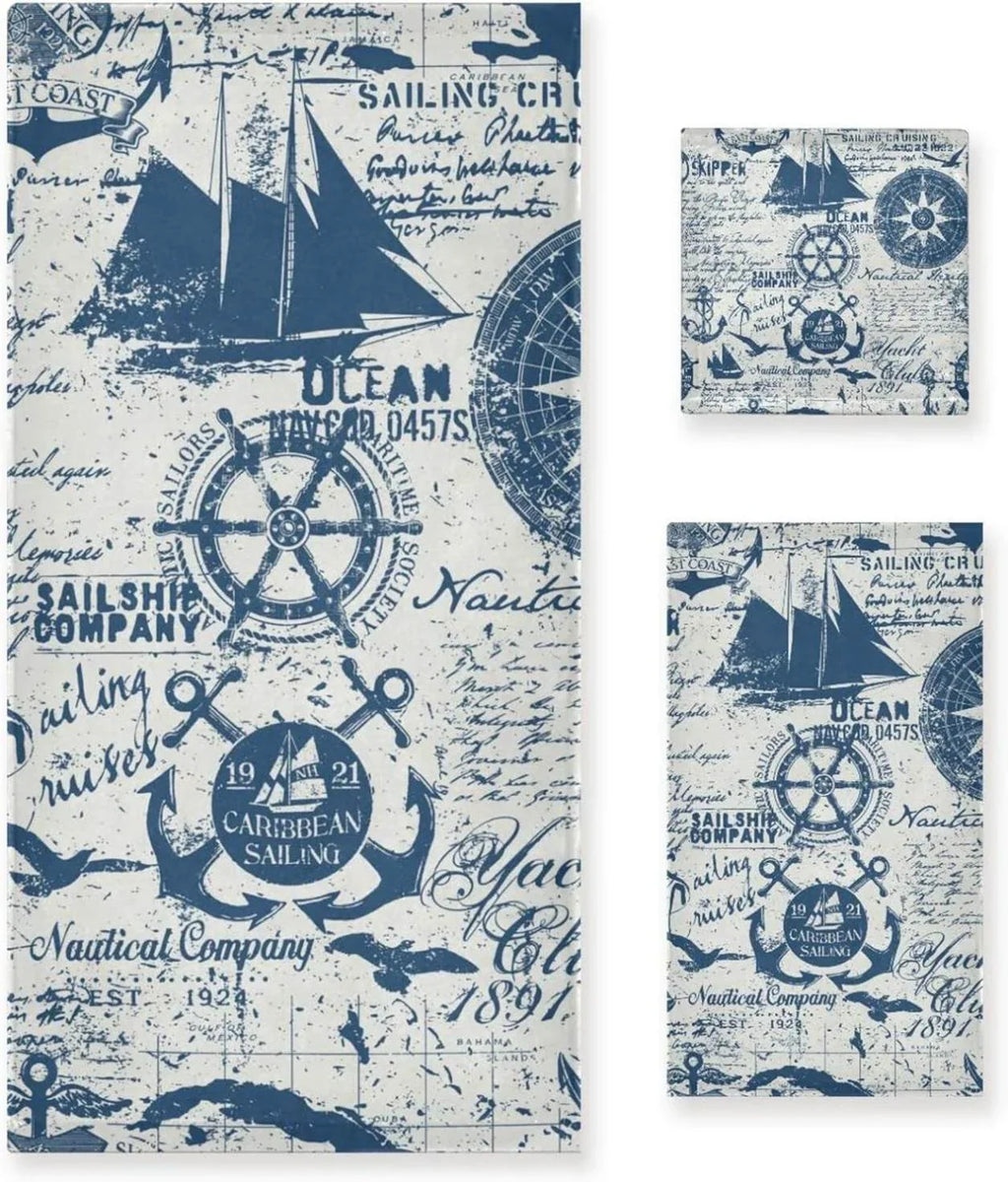 3 Pack Towel Nautical Elements Collage Cotton Bath Towel Set (1 Bath Towel, 1 Hand Towel, 1 Washcloth) for Bathroom, Super Soft and Quick Dry Towels