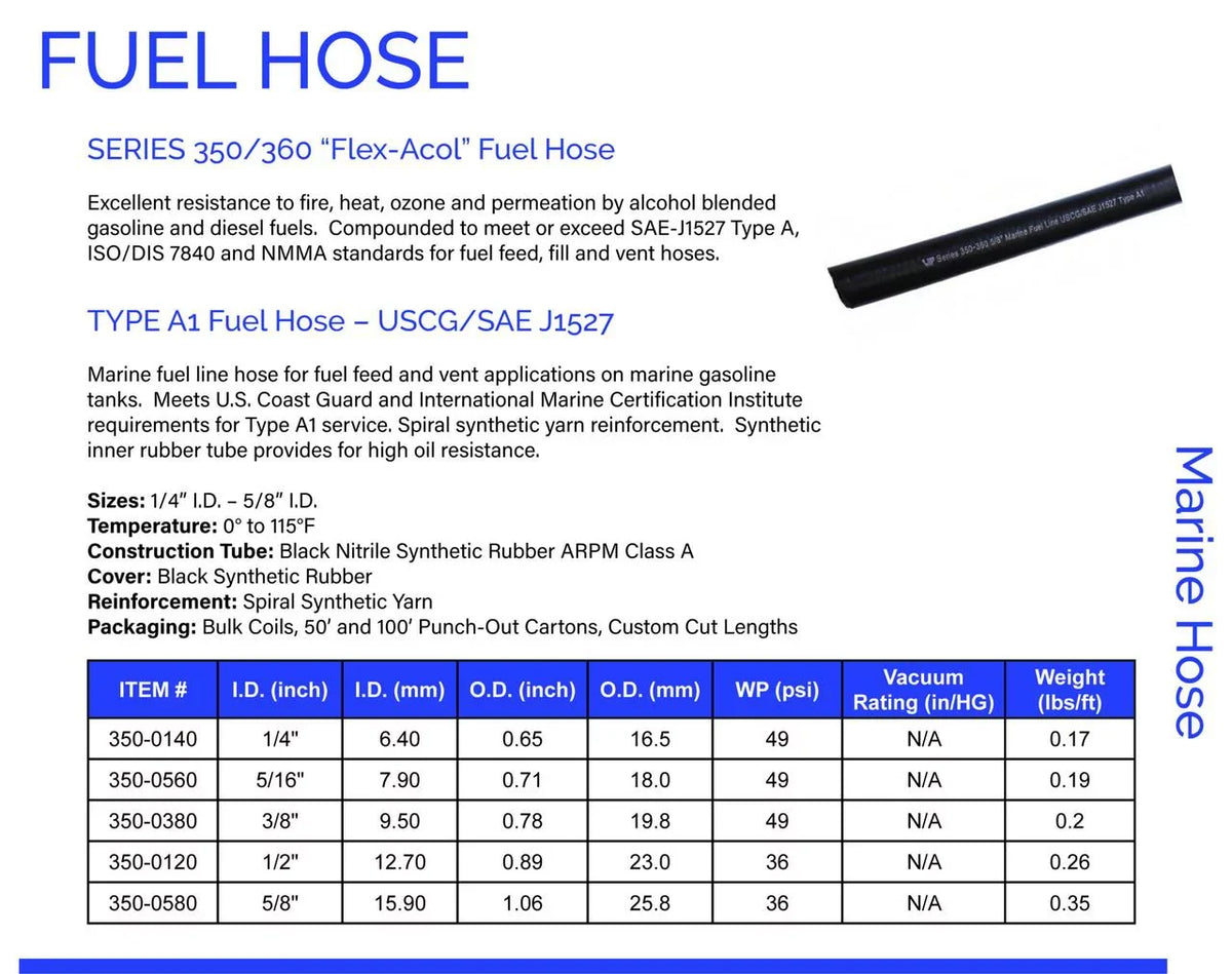 Marine Fuel Hose   Boot Fuel Line 3/8"     Low Permeation Fuel Feed Hose Unaflex  New Line  25 feet