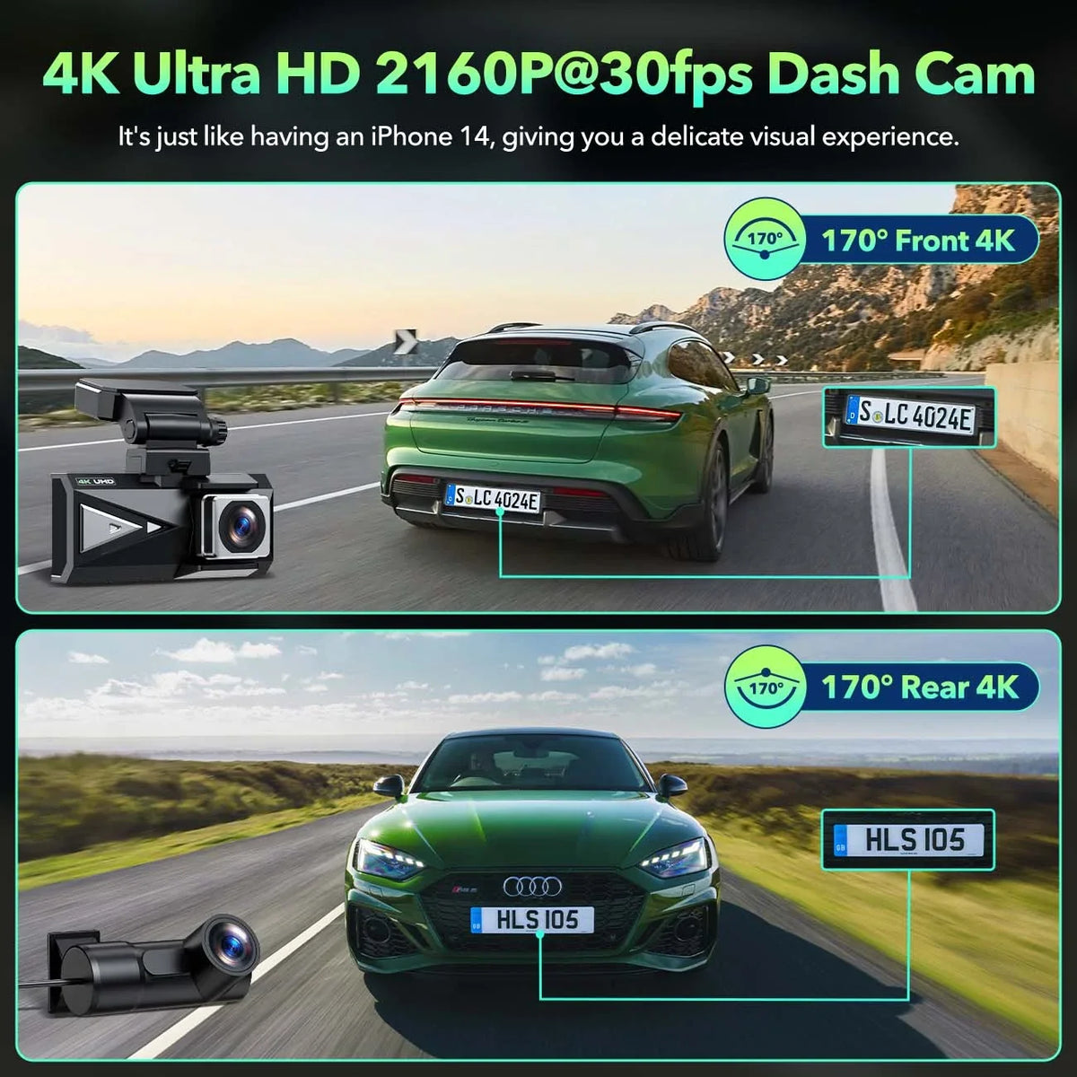 Dash Cam Front and Rear 4K+4K 5Ghz Wifi , Dash Camera for Cars with 128G  Card, 3.16" Touch Screen Dual Sony Night Vision Car Camera,Voice Commands, -Sensor,
