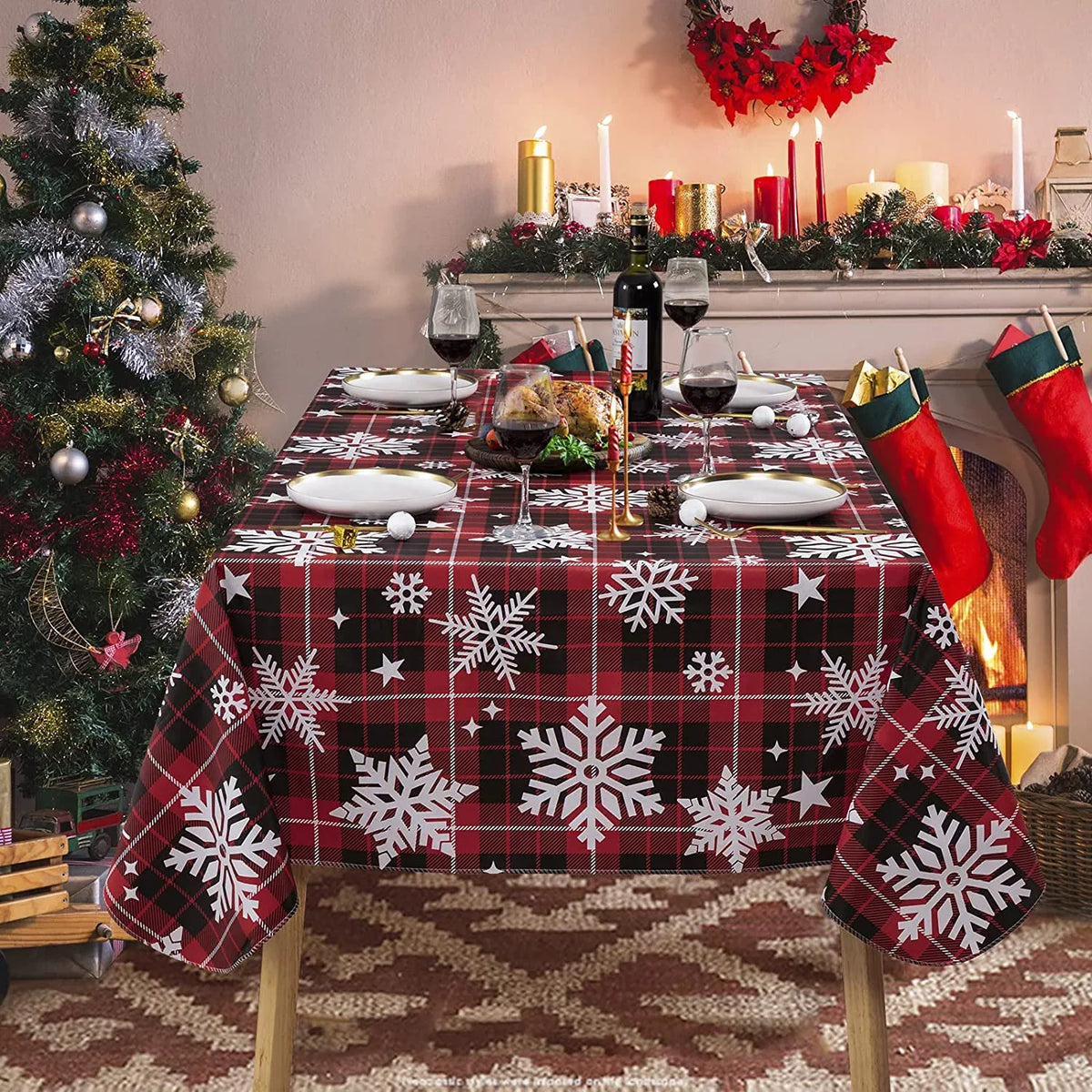 Christmas Tablecloth with Flannel Backing, Waterproof Wipeable Vinyl Rectangle Table Cover for Xmas Parties/Wedding/Holiday/Decoration Use - Heavy Duty Table Cover(60x102 Inch, Snowflake)