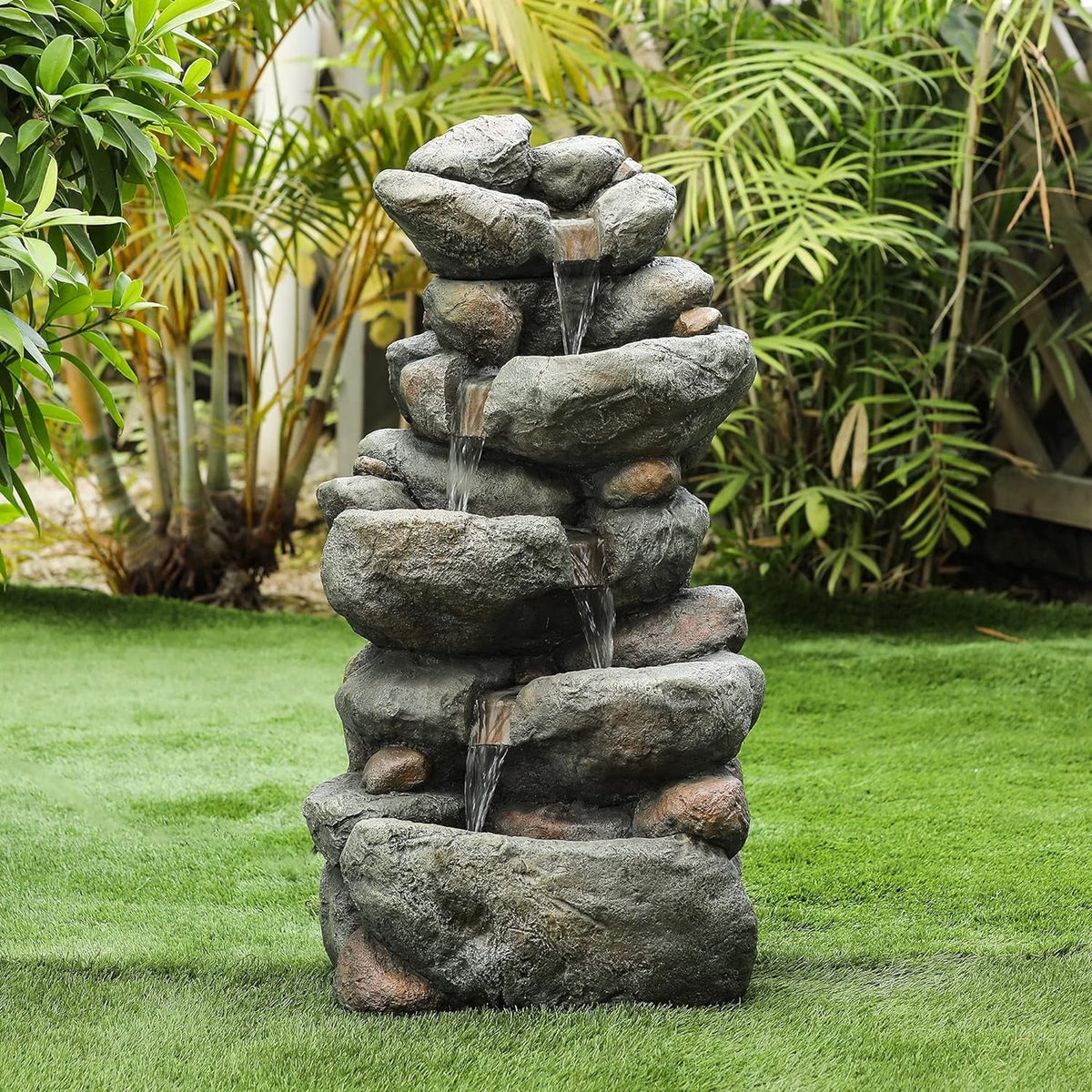 Resin Cascading Rock Outdoor Fountain, Floor Stacked Waterfall Fountain 4 Layer Garden Decorative Fountain For Backyard Courtyard