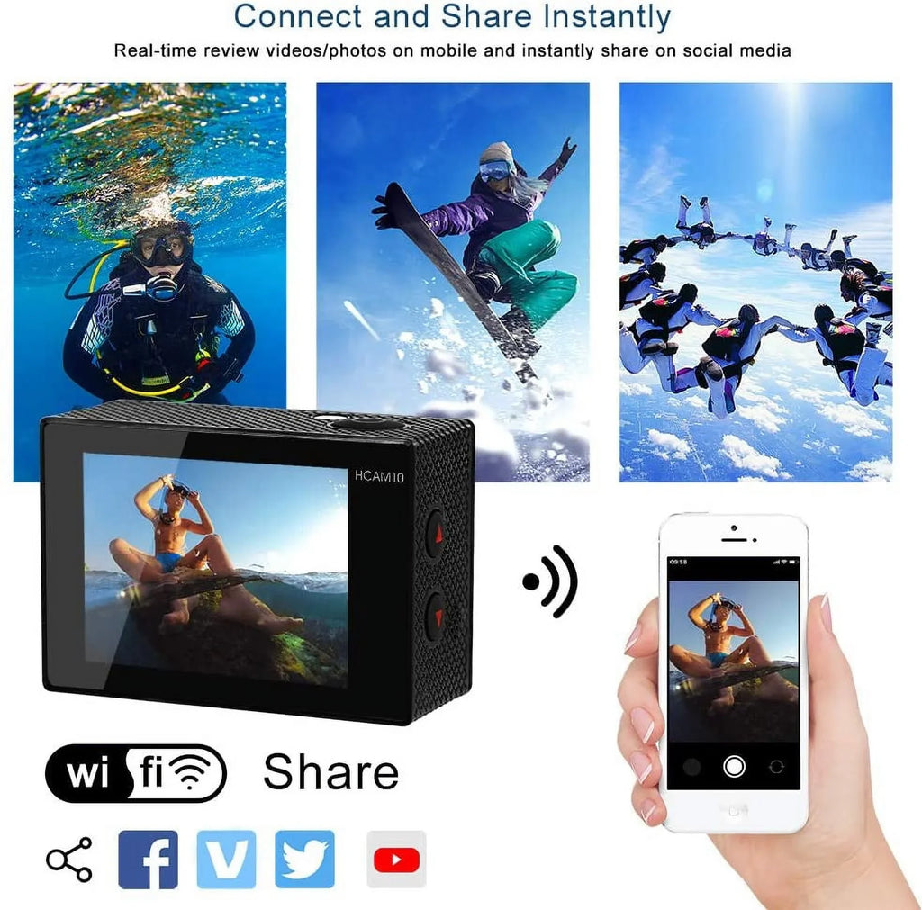 Video Action Camera 4K with Wide Angle Lens  WiFi Underwater Camera with Waterproof Case Remote Outdoor Sports Camera for Vlog with Accessories Mount Kit Battery Charger