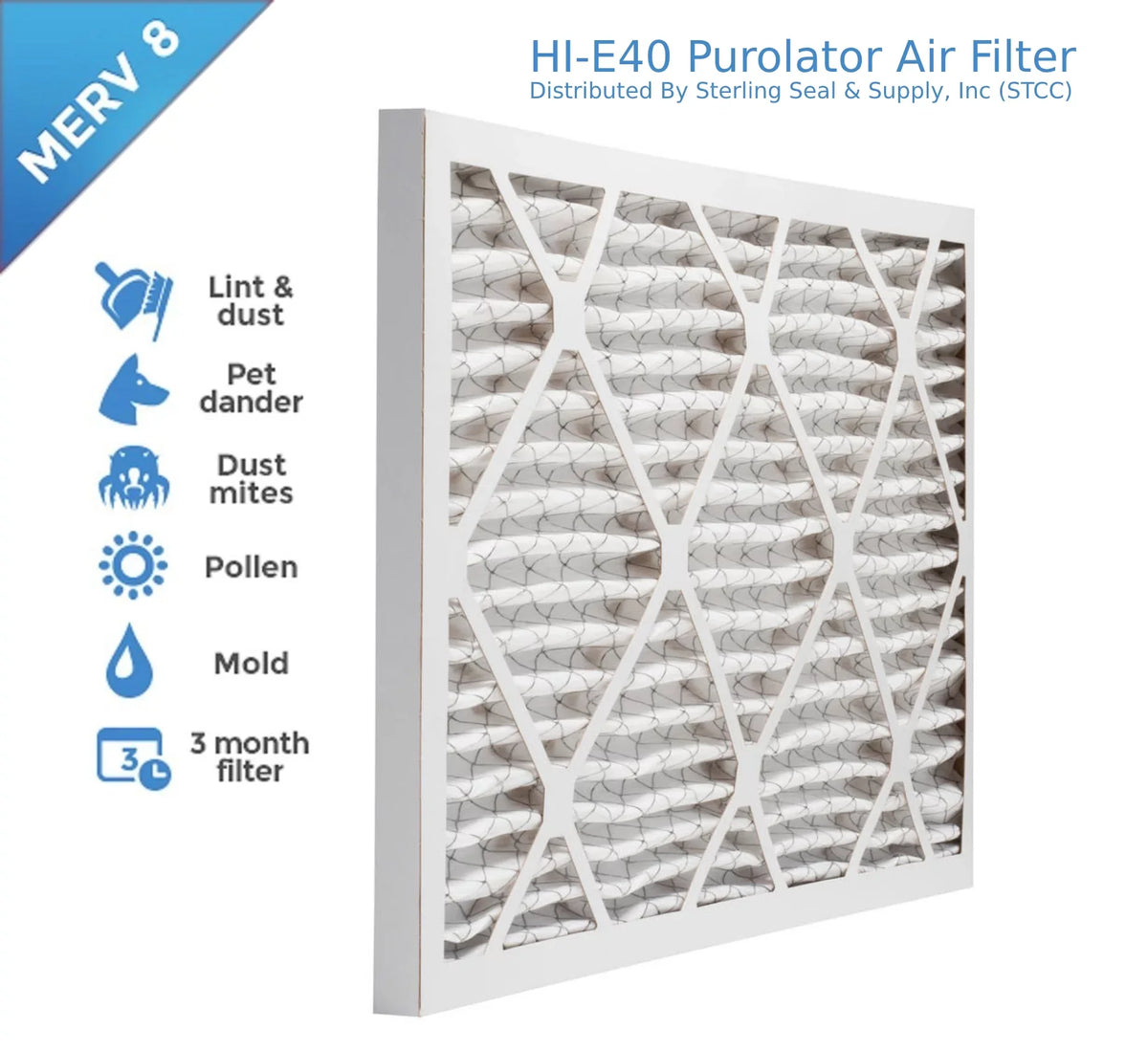 16x25x1, Purolator / Air Guard Hi- 40 Extended Surface Pleated Air Filter, ,  8, (6-pack)