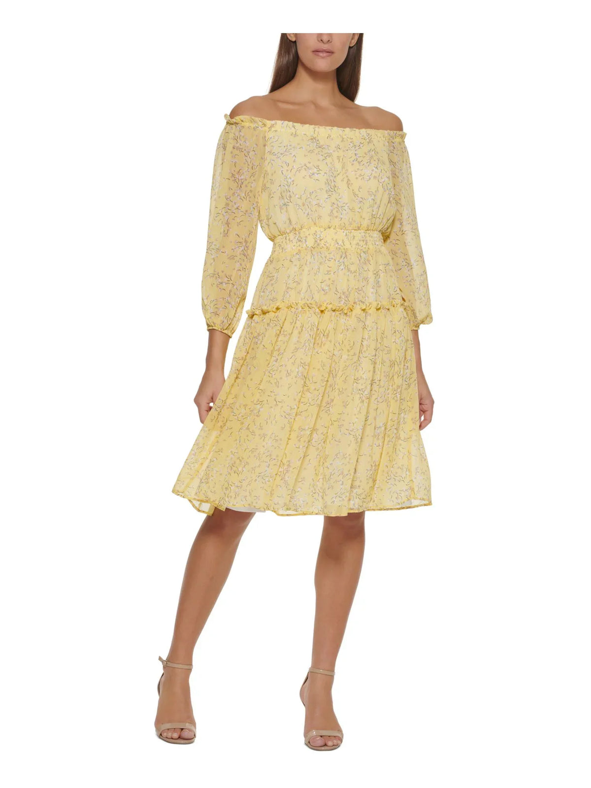 Womens Yellow Sheer Ruffled Elasticized Lined Smocked Floral 3/4 Sleeve Off Shoulder Above The Knee Fit + Flare Dress 16