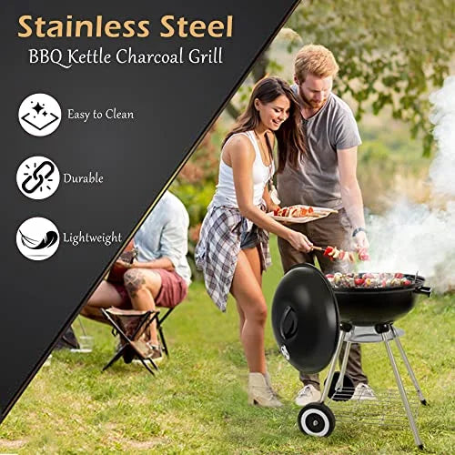 Kettle Charcoal Grill Outdoor Portable Grill Backyard Cooking Stainless Steel for Standing & Grilling Steaks, Burgers, Backyard Pitmaster & Tailgating (18" Black)