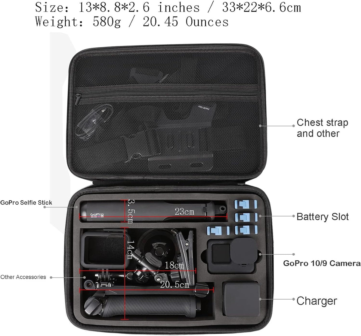 PellKing Large Carrying Surface-Waterproof Case for GoPro 12,11,10,9 Camera,Hard Shell Bag with  Liner Compatible