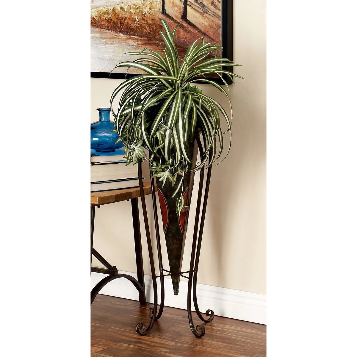 DecMode 30", 28" Indoor Outdoor Brown Metal Planter with Scroll Stand (2 Count)