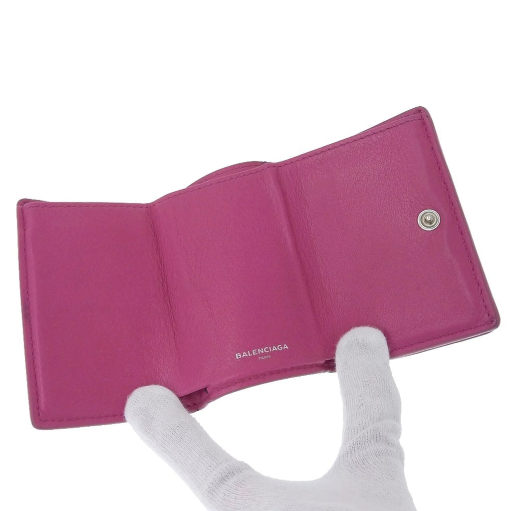 Pre-Owned Balenciaga  paper mini wallet with hook tri-fold leather pink 391446 (Fair)