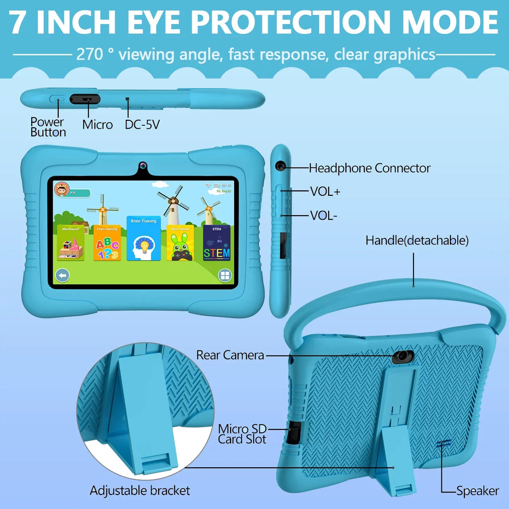Antemper Kids Tablet,7 inch Tablet,32GB  Storage,Kids Learning Tablet,Toddler Android 11 Tablet with Bluetooth,Wifi,Parental Control,Dual Camera,Google Play,Youtube Netflix Hulu,Blue