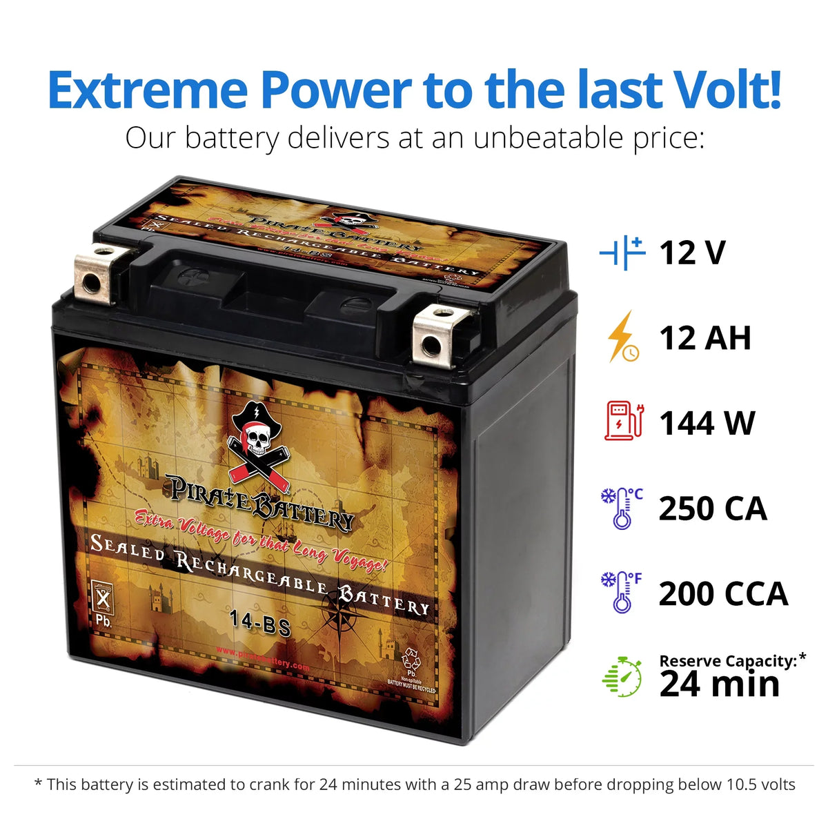 Pirate Battery - (14- 12 Volt,12 Ah, 200 ) Motorcycle Battery for Kawasaki 800cc Vn800-a, , ,  Vulcan, Classic, Drifter 1995
