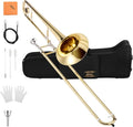 Eastar Bb Tenor Trombone for Beginners Students  Flat Brass Instrument, with Case, Mouthpiece, White Gloves, Cleaning Kit, Gold