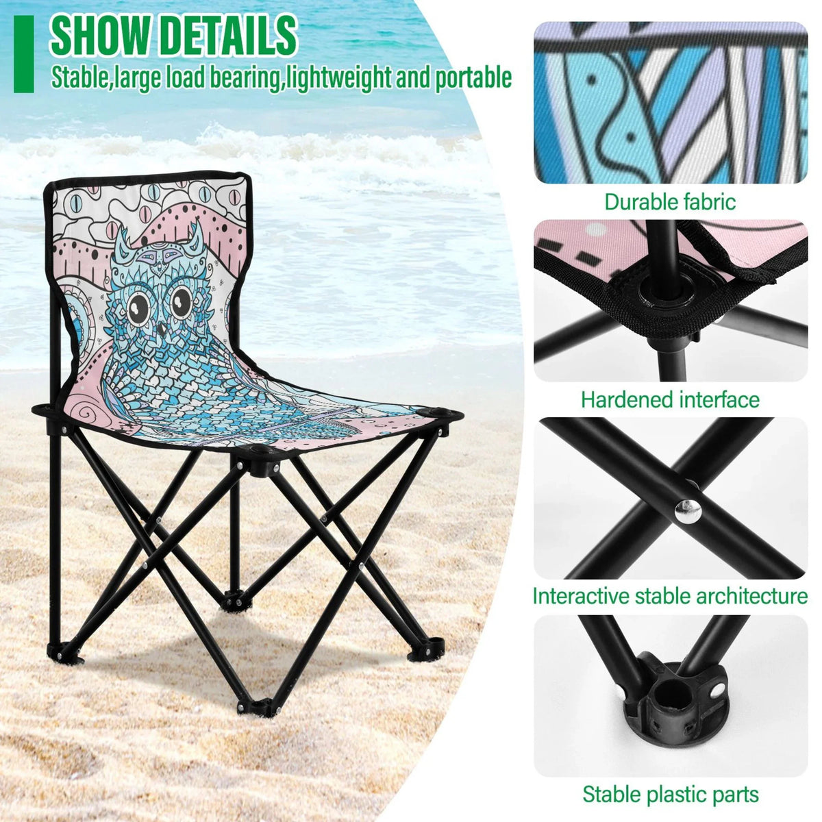 Mandala Abstract Owl Portable Camping Chair Small for Kids Outdoor Folding Beach Chair Fishing Chair Lawn Chair with Carry Bag