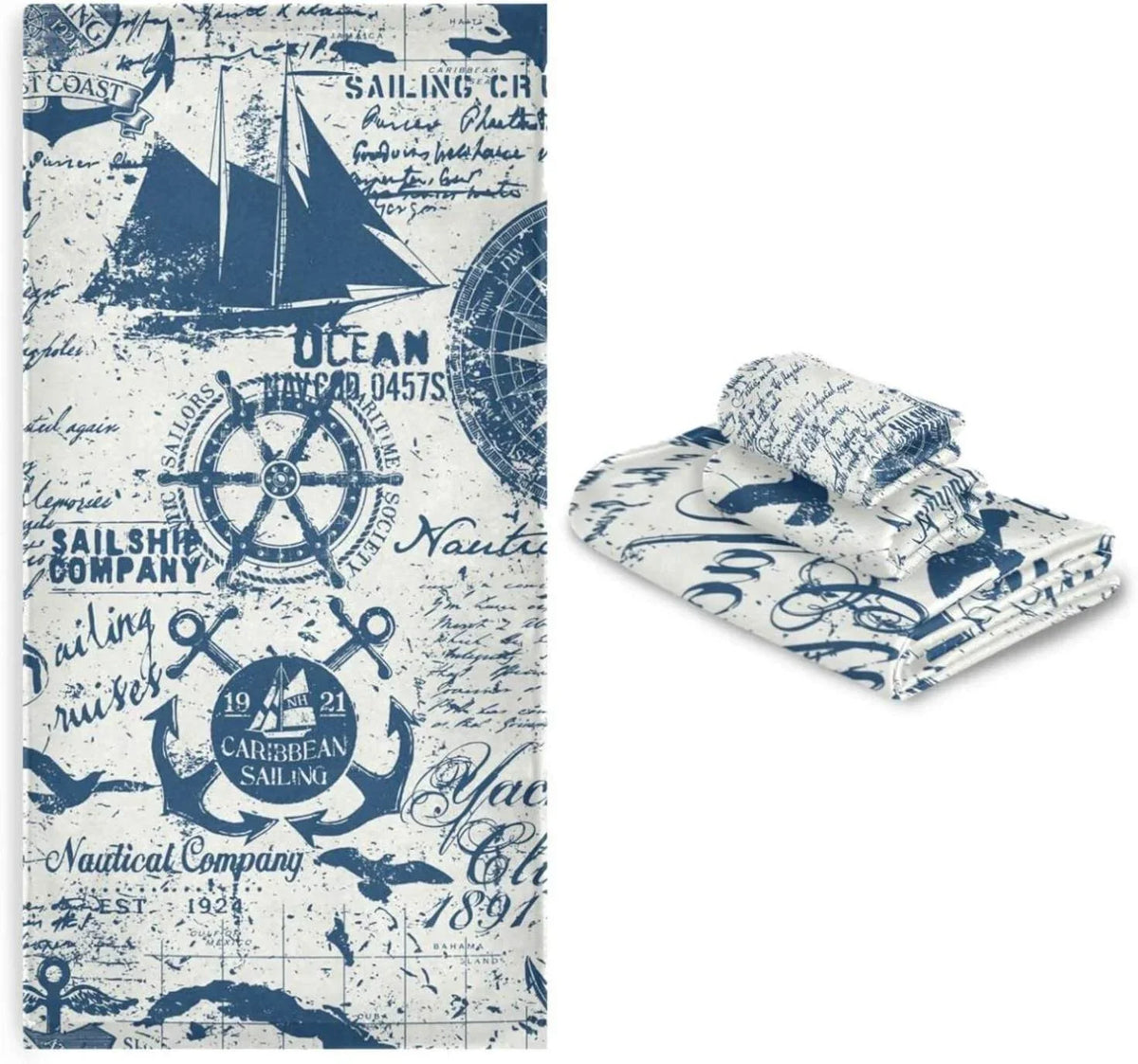 3 Pack Towel Nautical Elements Collage Cotton Bath Towel Set (1 Bath Towel, 1 Hand Towel, 1 Washcloth) for Bathroom, Super Soft and Quick Dry Towels