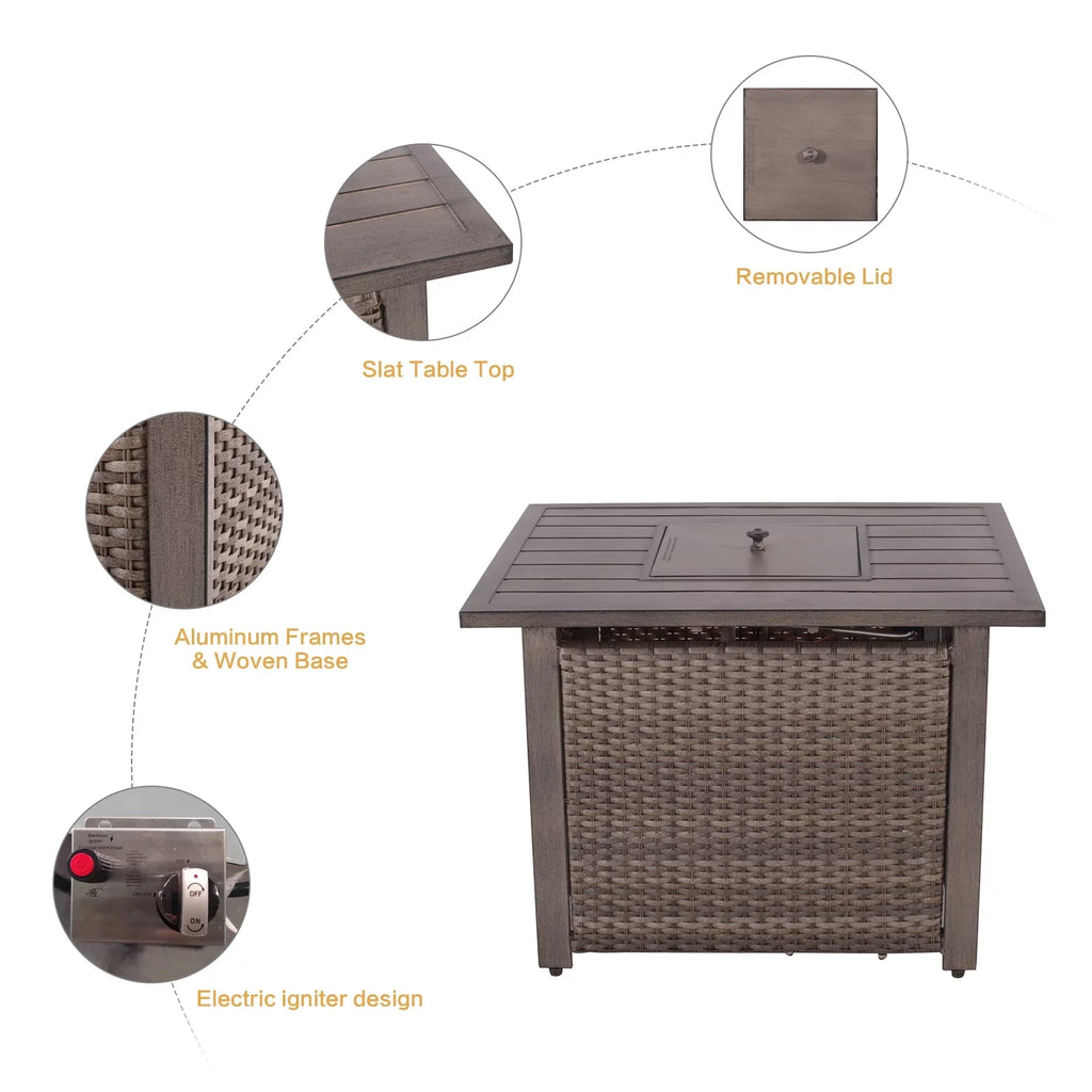 5 Piece Patio Furniture Set with Fire Pit Table, 4 Wicker Rocking Motion Chairs & 33.8"x27.2" 15000  Propane Gas Firepit Table, All-Weather Outdoor Conversation Set for Yard Garden Deck