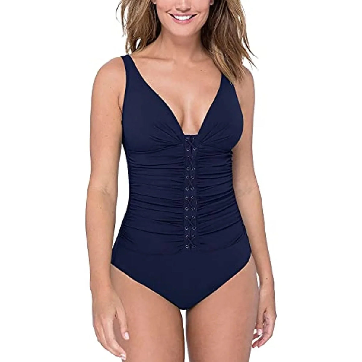 Profile By Gottex Women's -Cup Lace-Front One Piece Tummy Control Swimsuit Navy 14D