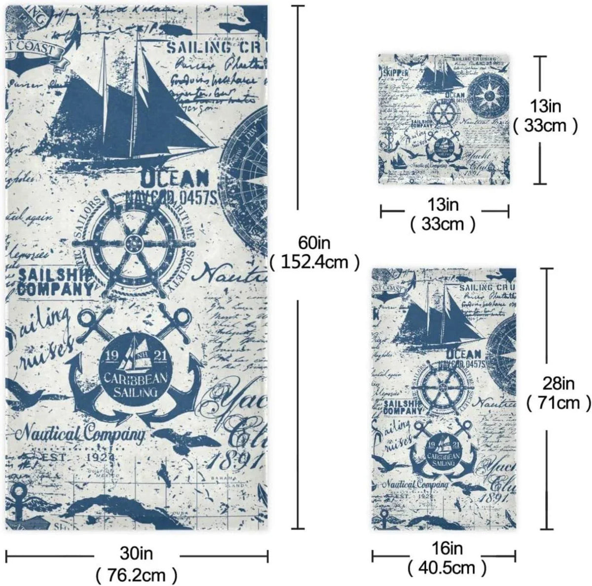 3 Pack Towel Nautical Elements Collage Cotton Bath Towel Set (1 Bath Towel, 1 Hand Towel, 1 Washcloth) for Bathroom, Super Soft and Quick Dry Towels