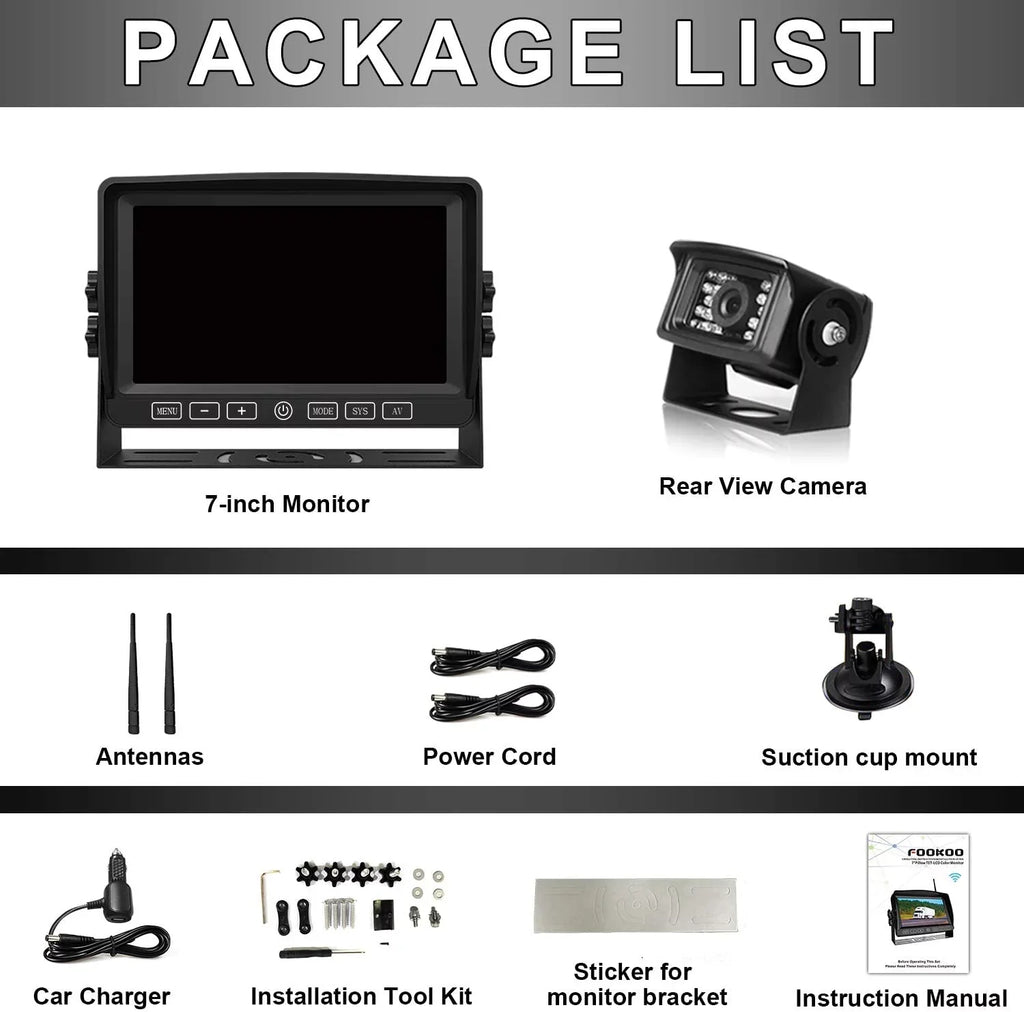 Fookoo  1080P 7" Wireless Backup Camera, 7-inch Dual/Quad Split Screen Monitor w/ Recording Touch Button, Supports 4 Cameras,  Waterproof Rear View Cam Parking Lines for /Trailer/Truck ()