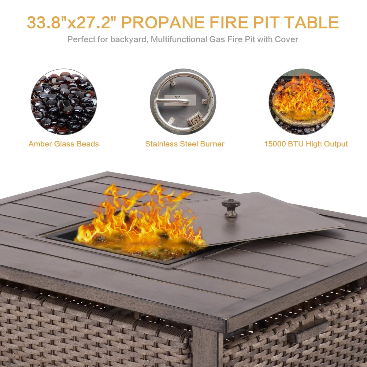 5 Piece Patio Furniture Set with Fire Pit Table, 4 Wicker Rocking Motion Chairs & 33.8"x27.2" 15000  Propane Gas Firepit Table, All-Weather Outdoor Conversation Set for Yard Garden Deck