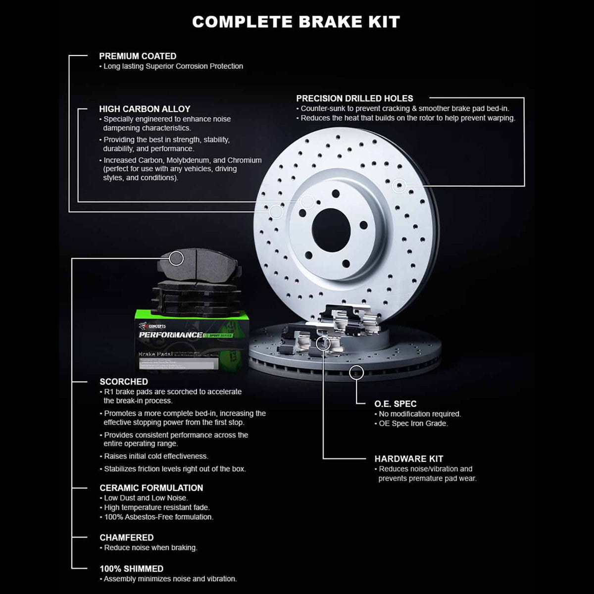 Concepts Rear Brakes and Rotors Kit |Rear Brake Pads| Brake Rotors and Pads| Performance Sport Brake Pads and Rotors| Hardware Kit|fits 2008-2017 Audi ,  allroad,  Quattro, ,  Quattro,
