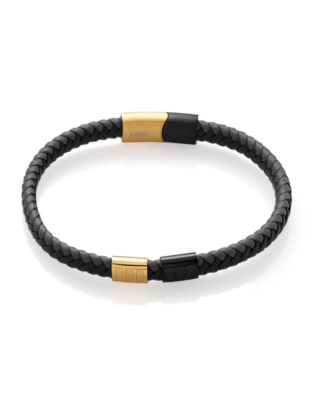 Gem Stone King Men's Stainless Steel Gold Black Premium Genuine Leather Bracelet (8.25 inch, 7.7MM Width)