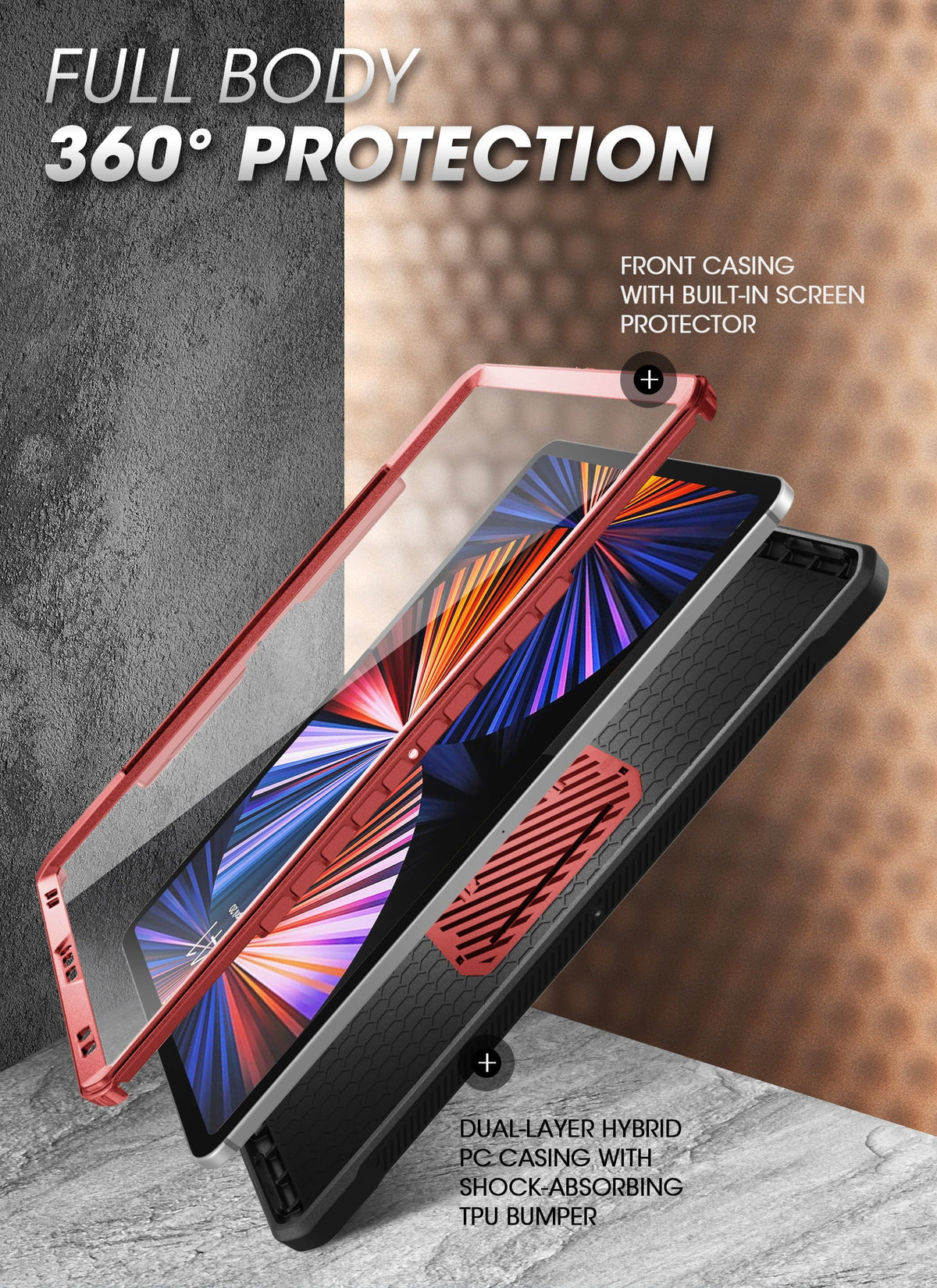Unicorn Beetle Pro Series Case for iPad Pro 12.9 Inch (2021 / 2020), Support Apple Pencil Charging with Built-in Screen Protector Full-Body Rugged Kickstand Protective Case (Ruddy)