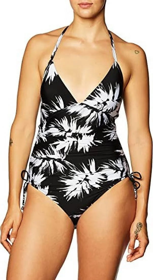 Leaf Print Halterneck One-Piece Swimsuit,  4